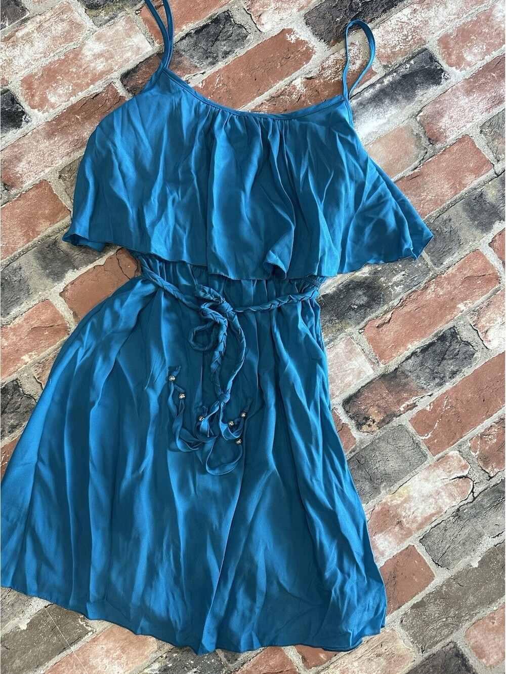 My Michelle Teal Cold Shoulder Ruffle Mini Dress Boho Belted Size Large